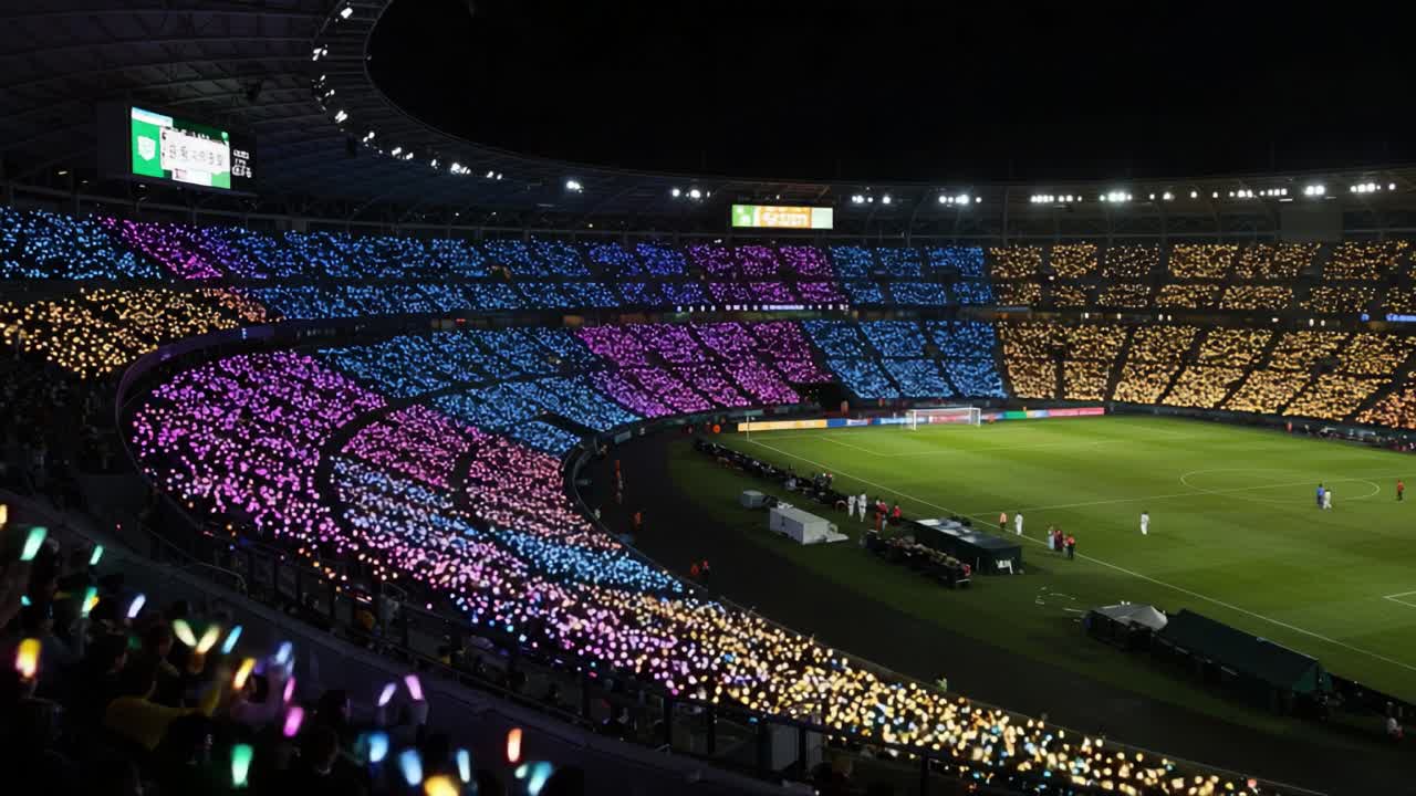 Spectacular Display of Colorful Lights in a Stadium During a Nighttime Event, Capturing the Excitement and Energy of the Atmosphere with Fans Cheering Loudly