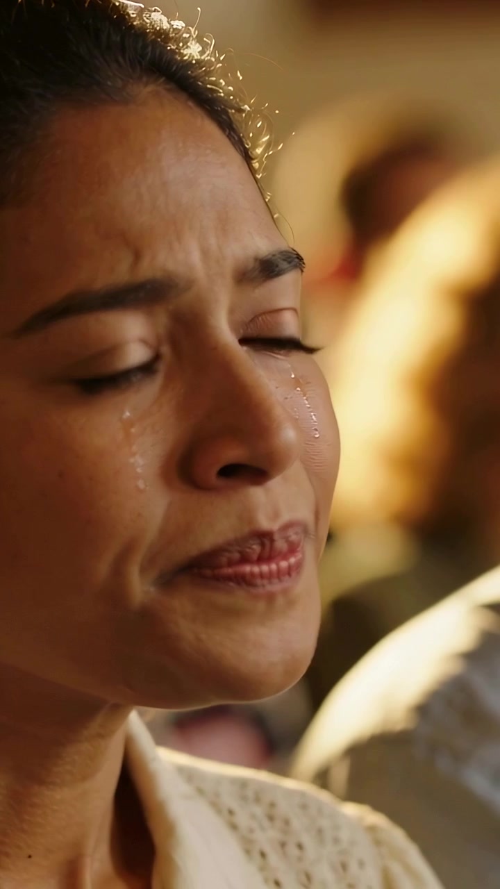 Vertical video: Hearing off-camera talk, South Asian woman wiping tears in hall, patterned top