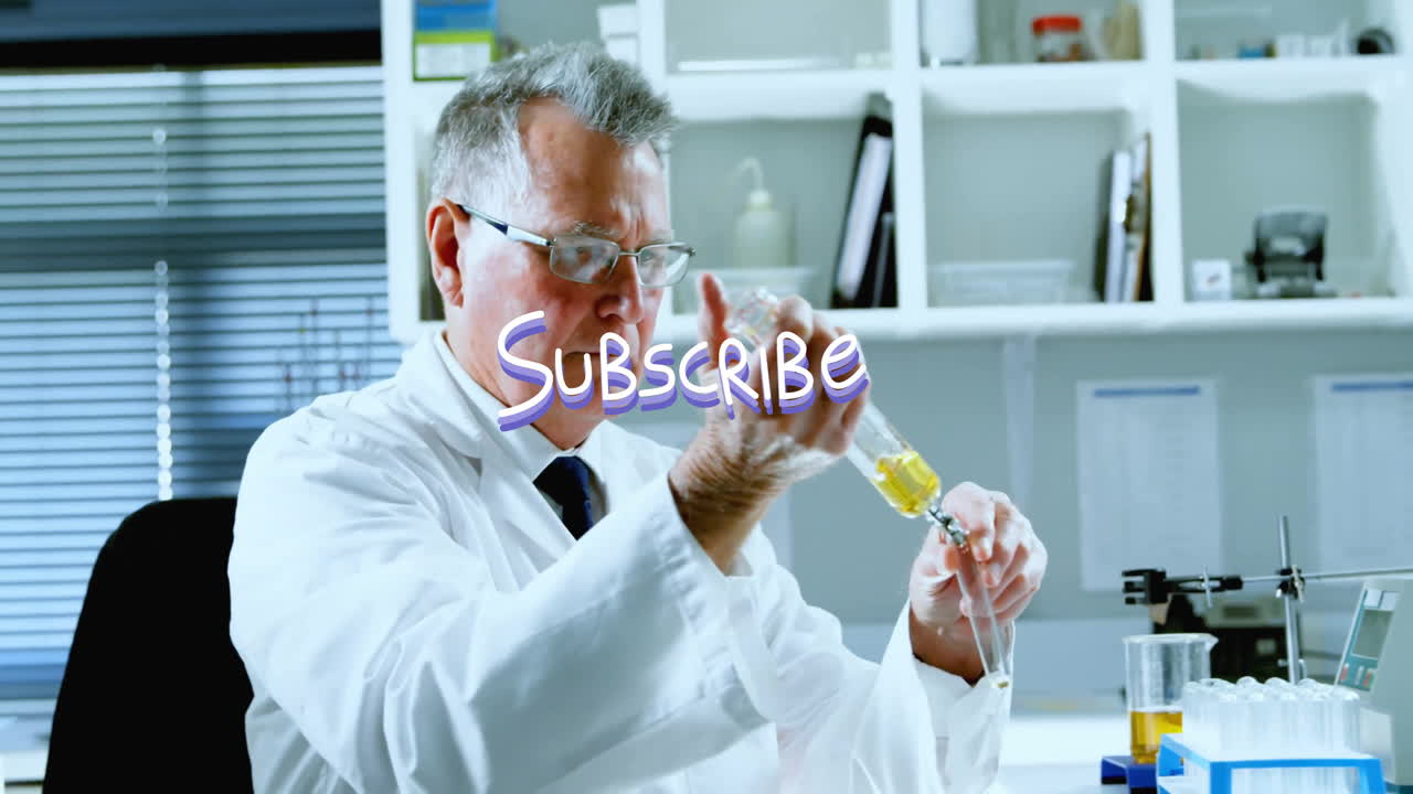 In school, animation of scientist in lab coat working with test tubes