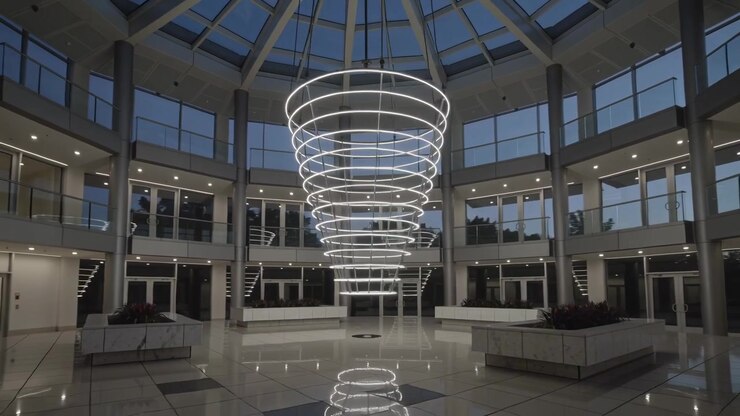 Segnale luminoso che avvia una scultura a LED che cambia bagliore al crepuscolo in un atrio con cupola di vetro
