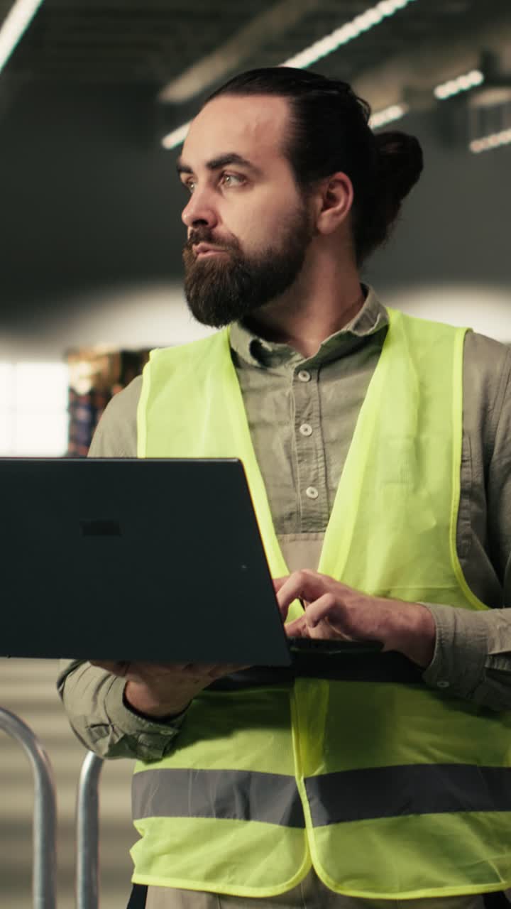 Video vertical: Empleado industrial trabajando en una laptop en un centro logístico de almacén