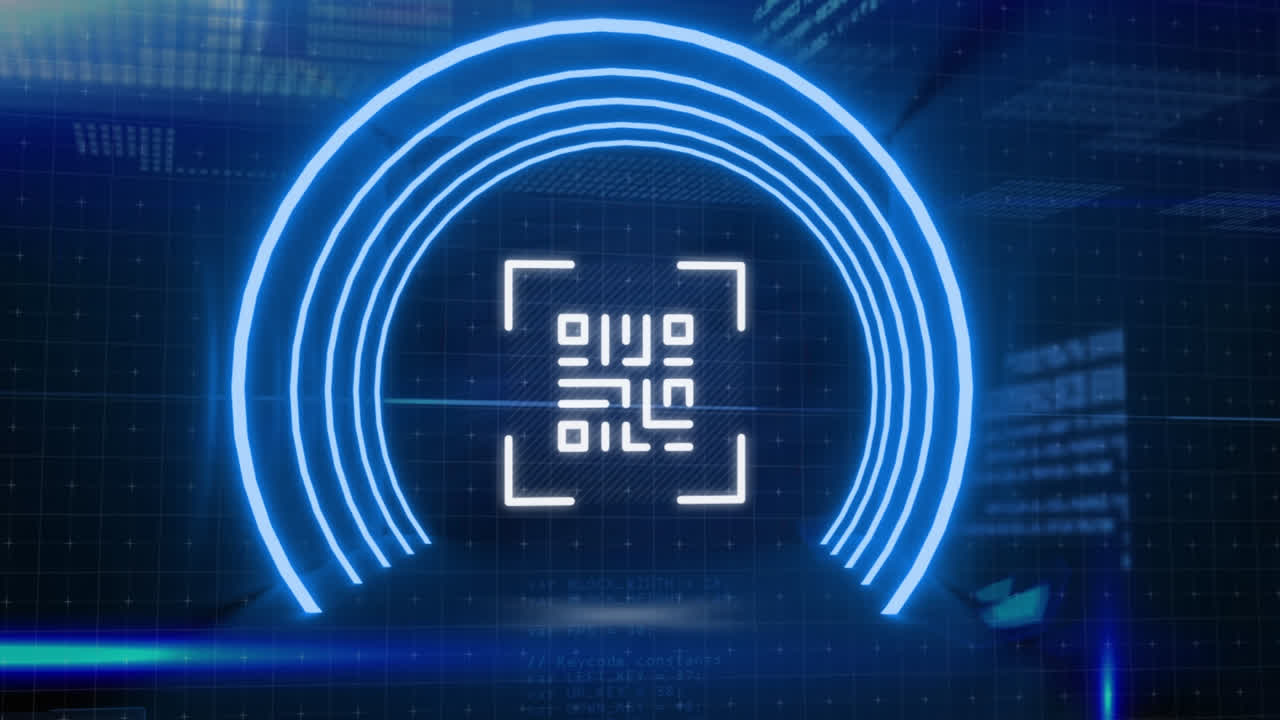 Digital animation of glowing qr code against spots of light and data processing on blue background