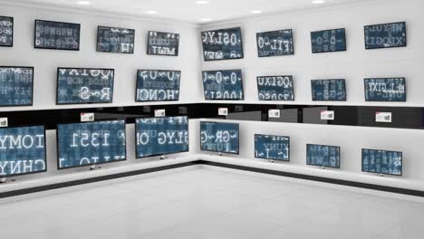 televisores de pantalla plana en exhibición con códigos de interfaz en sus pantallas