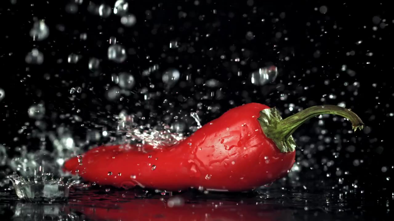 Červená chilli paprička s cákající vodou na černém pozadí.
