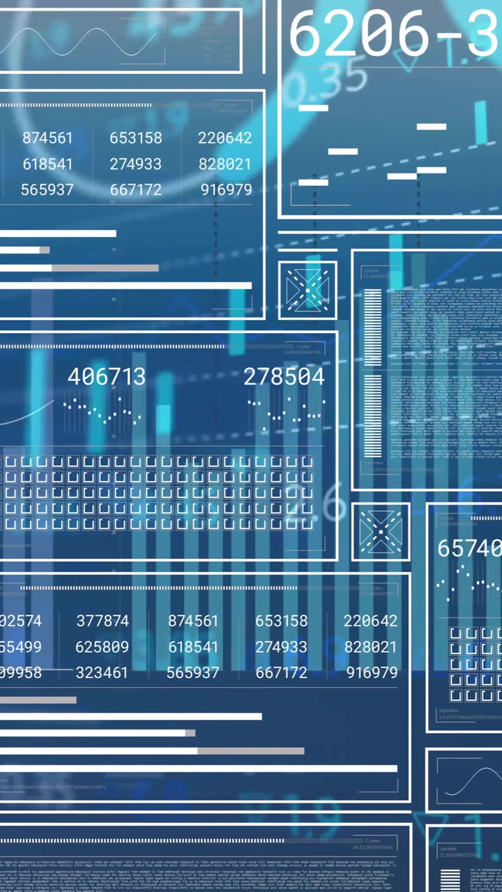 Animazione di schermate di interfaccia, grafici ed elaborazione dati su sfondo blu