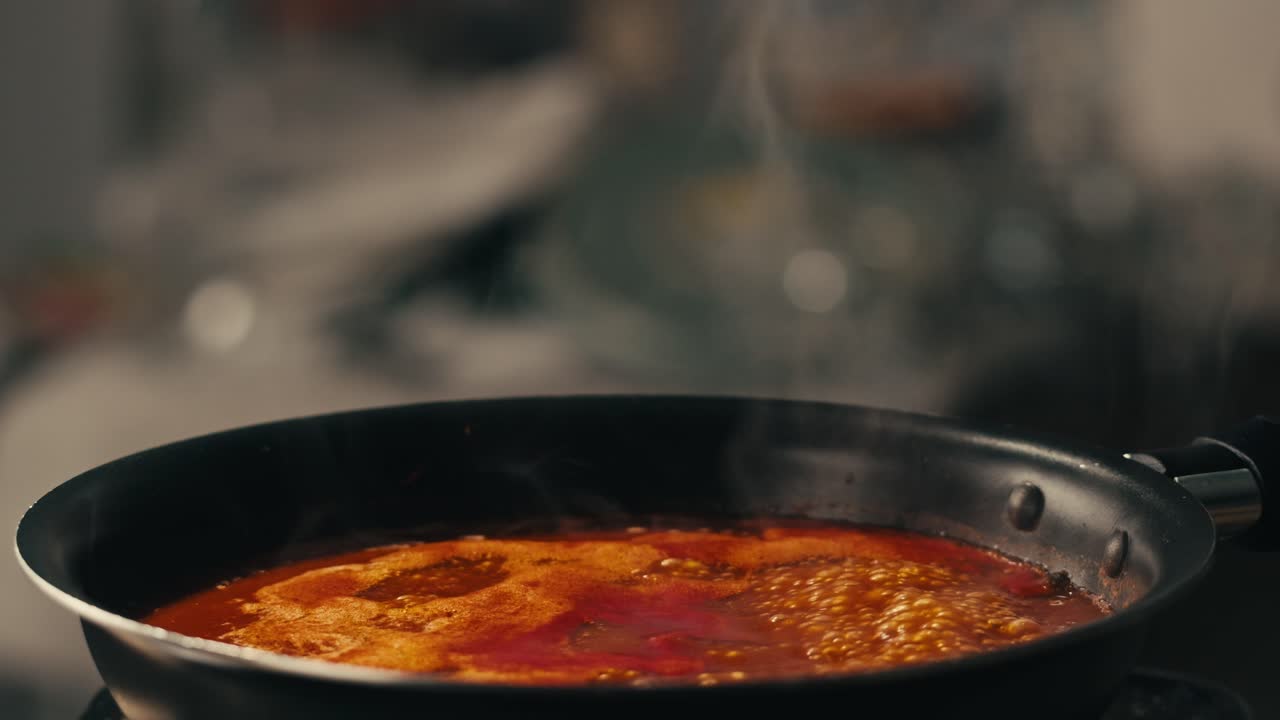 Chicken in tomato sauce is boiling on a frying pan with spices. Cooking tomato sauce curry with chicken fillet. Traditional Italian Mexican Asian dish. High quality studio shot for cafe, restaurant close up.