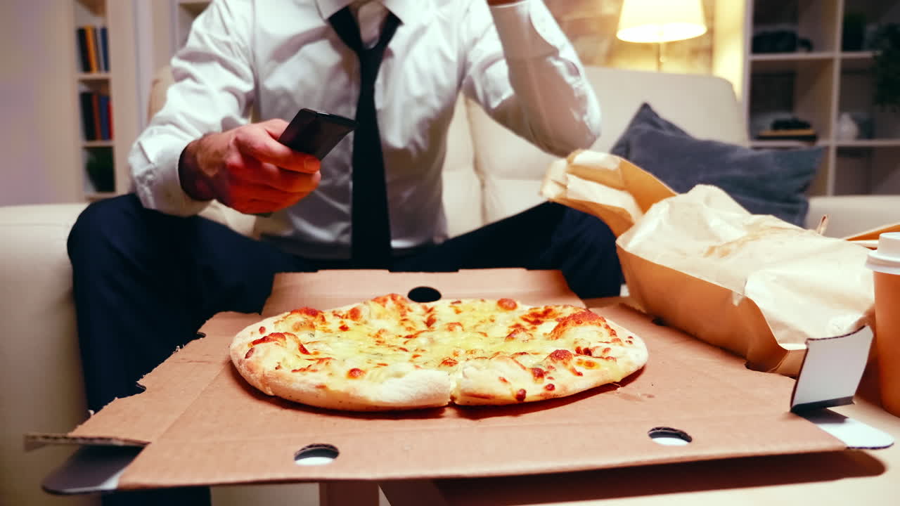 Businessman arriving home with pizza after a long day at work
