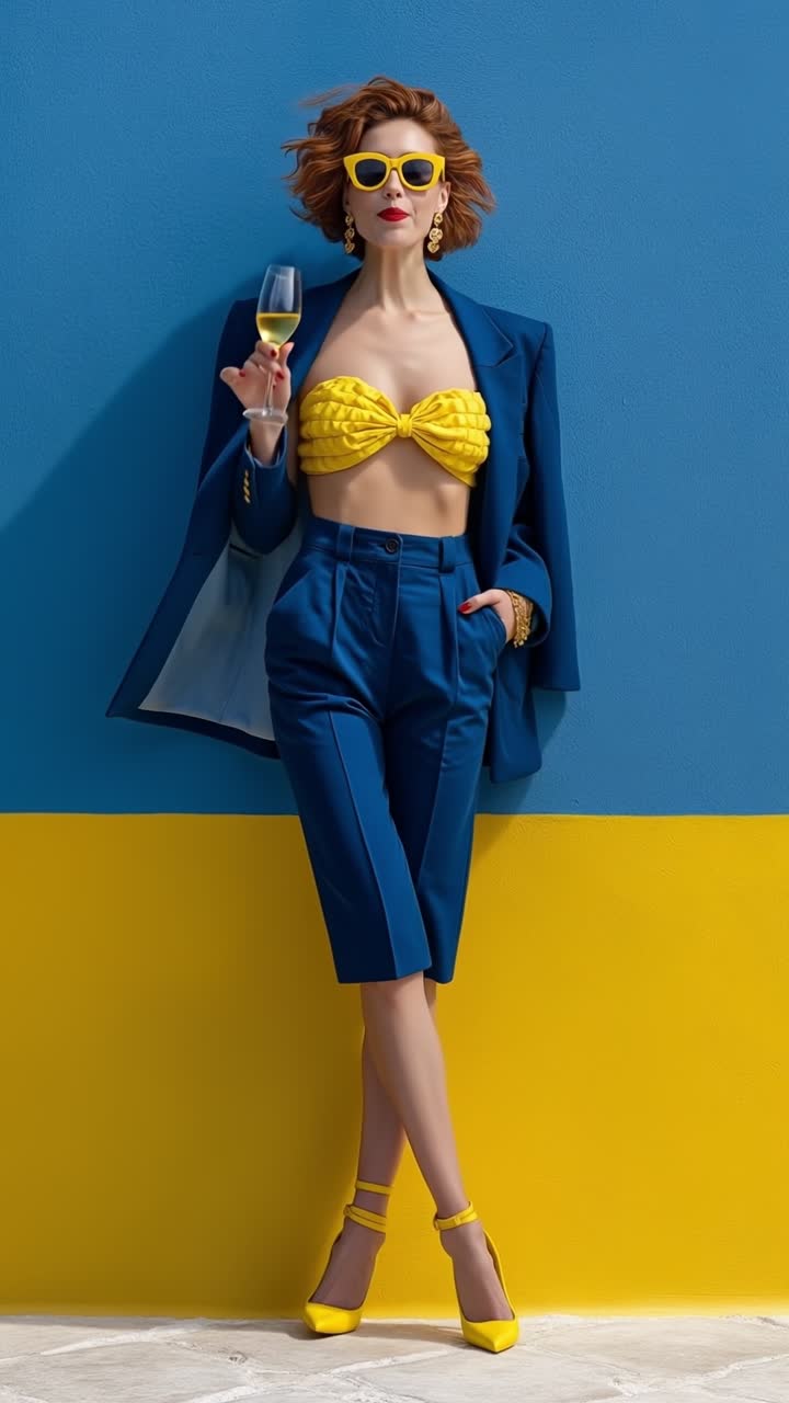 Donna elegante in blazer blu e top giallo che beve un cocktail contro una vivace parete bicolore