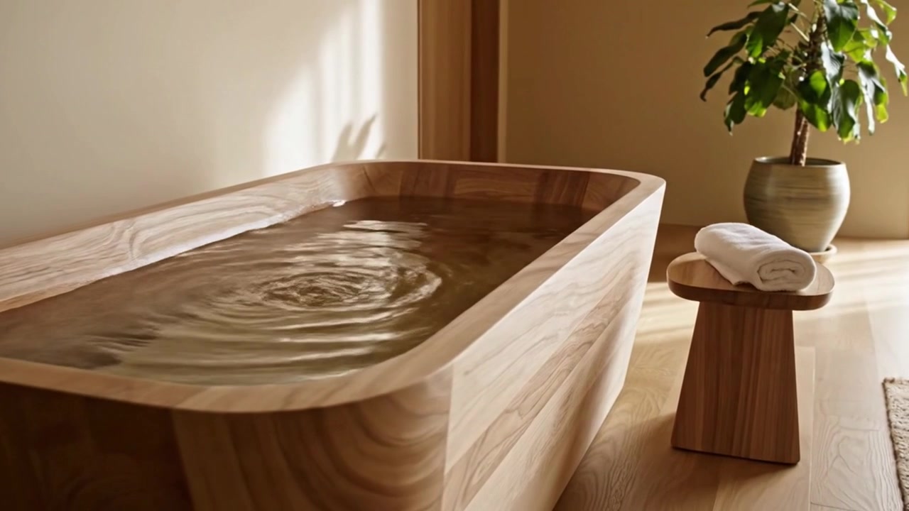 Moderna vasca da bagno in pietra che si riempie d'acqua in un bagno minimalista