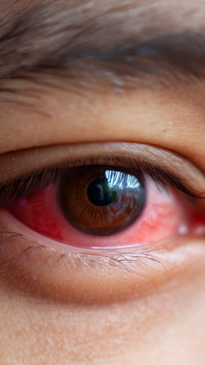Esame ravvicinato di un occhio umano arrossato, indice di possibili sintomi di irritazione o allergia, che evidenzia i suoi intricati dettagli e le variazioni di colore