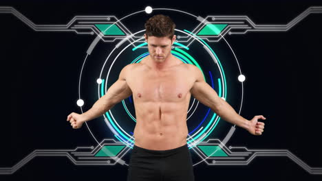 animação de um homem musculoso forte com varredura de escopo e processamento de dados