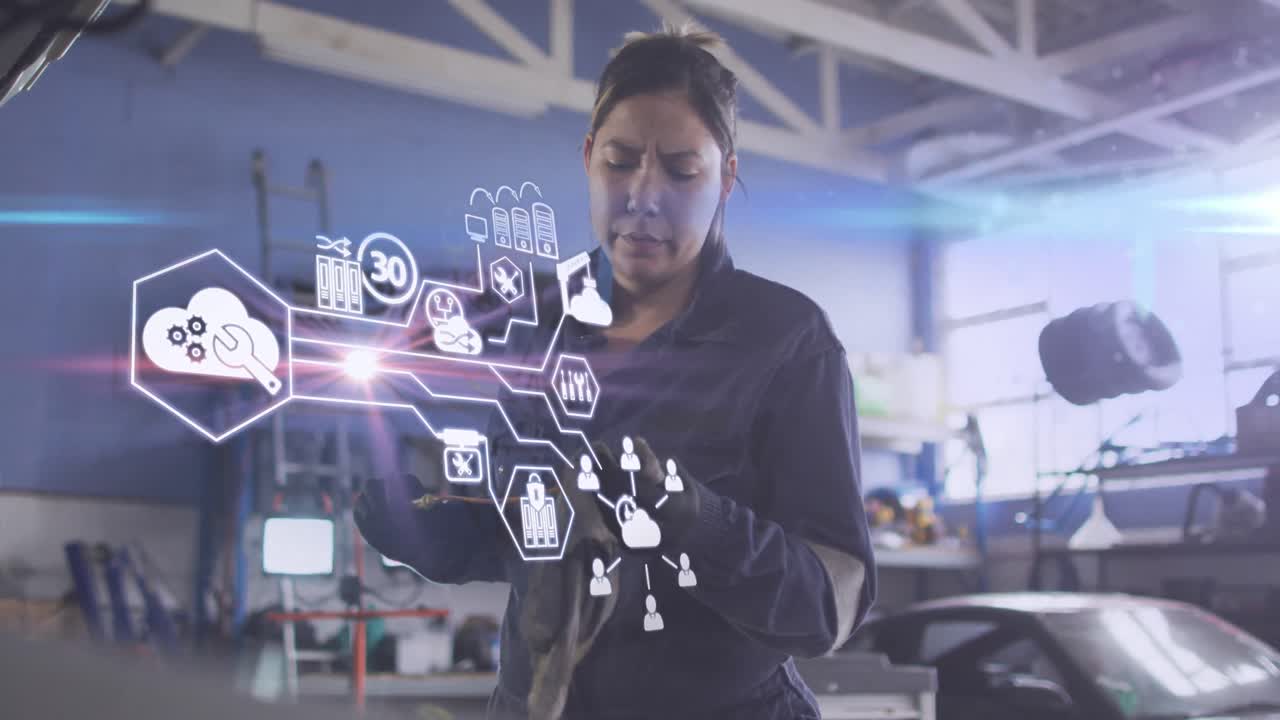 animación de iconos tecnológicos en hexágonos sobre una mecánica caucásica