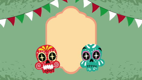 day of the dead sugar skull illustration with mexican flag banner