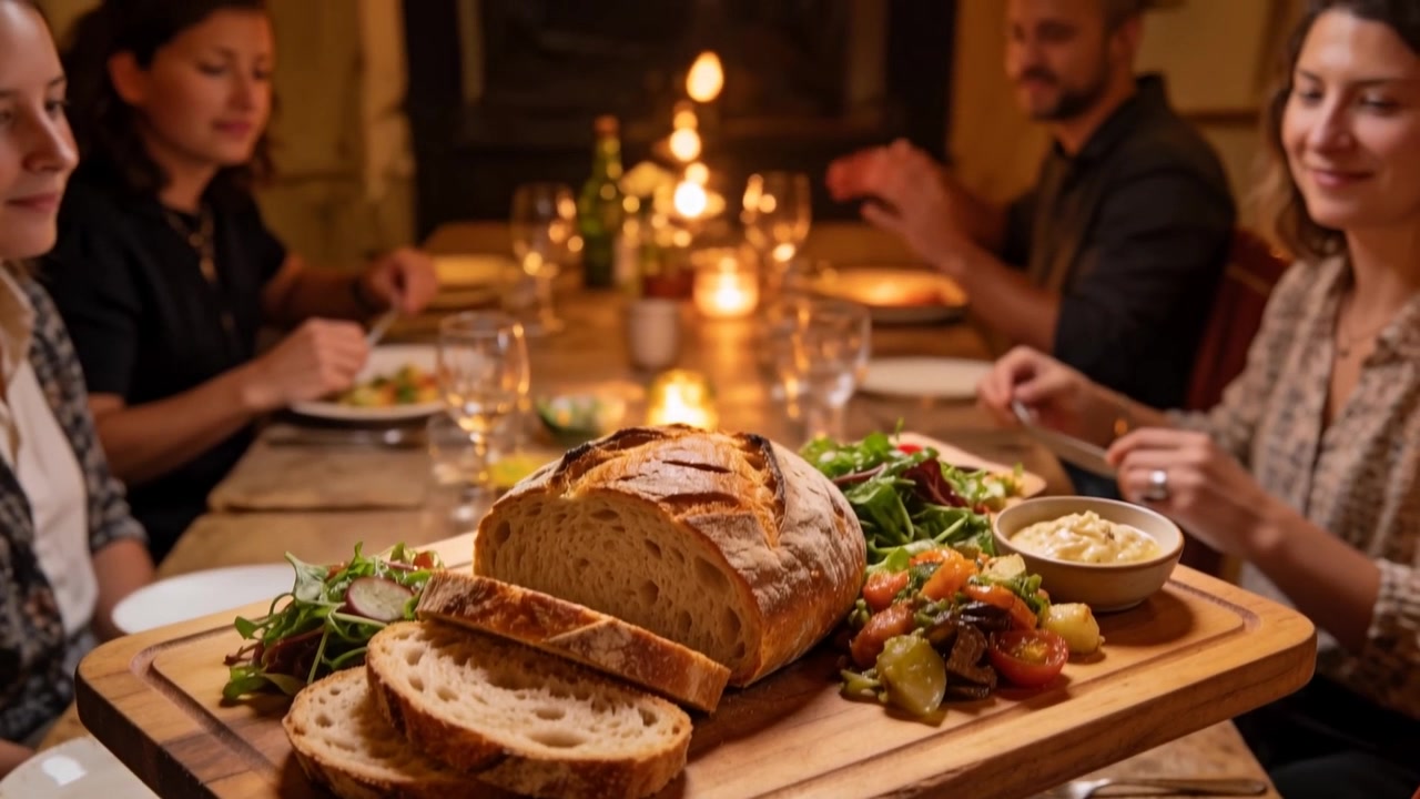 Kamera trekker tilbake og viser gjester i gensere som strekker seg etter gafler, forbereder måltid ved et koselig bord med brød.