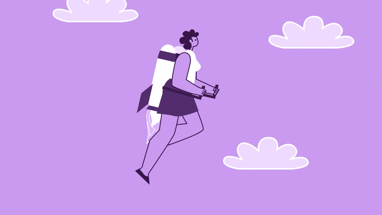 el personaje plano de la mujer de estilo púrpura vuela con la mochila de jetpack voladora. animación de bucle aislado con canal alfa