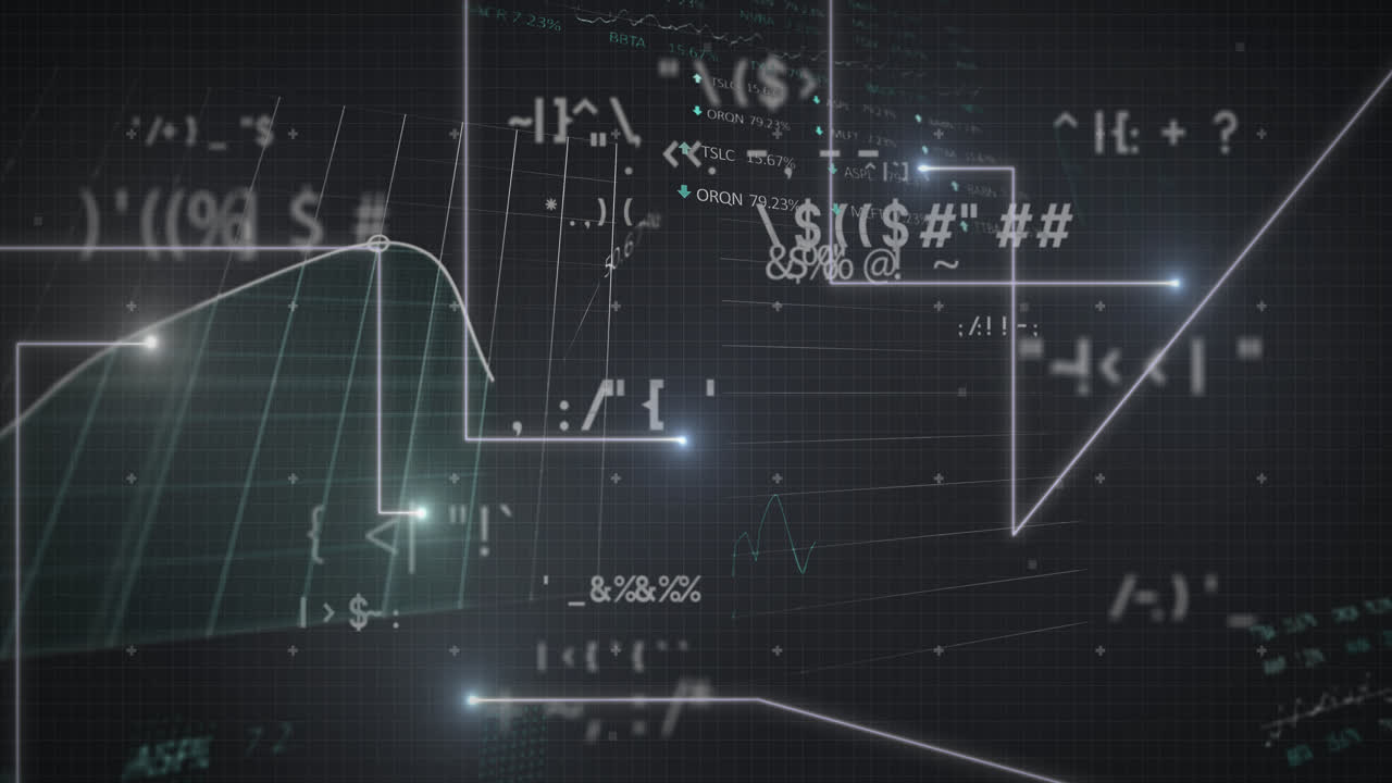Multiple changing symbols and stock market data processing against glowing light trails
