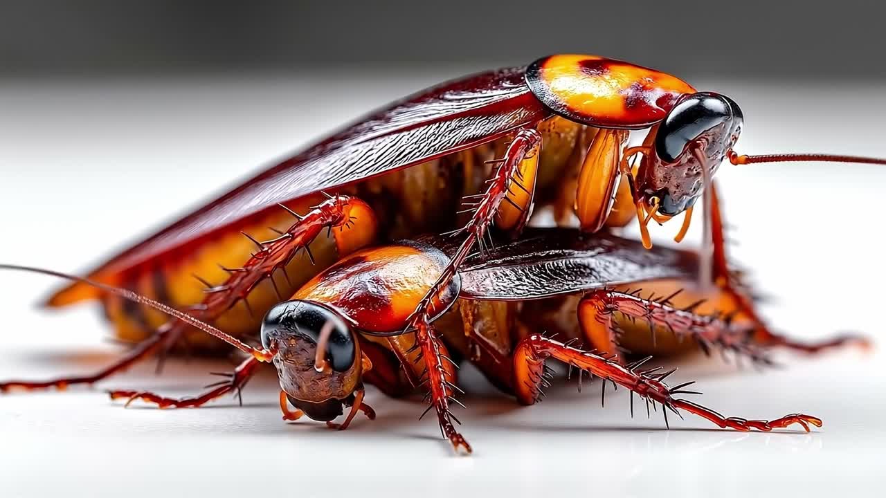 A couple of cockroaches sitting on top of each other