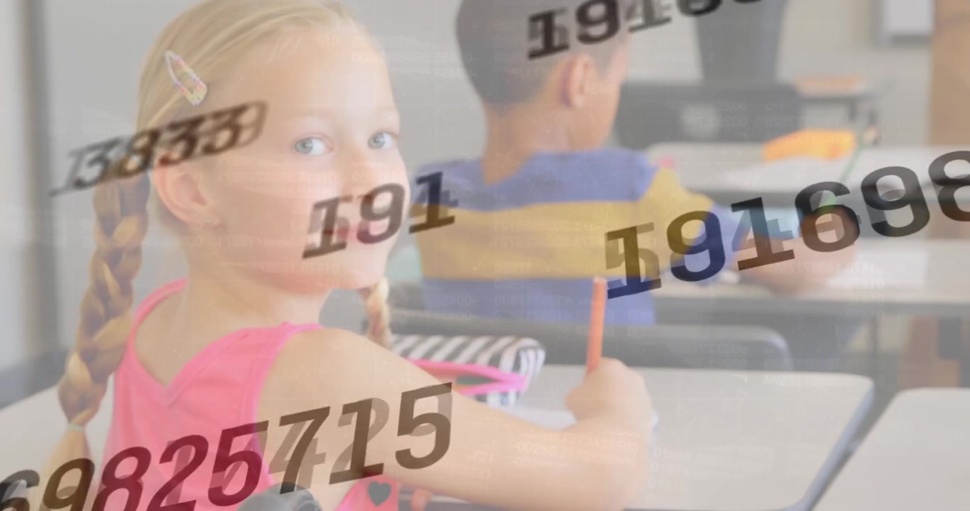 Animazione di elaborazione dati su scolari di diverse etnie che imparano.