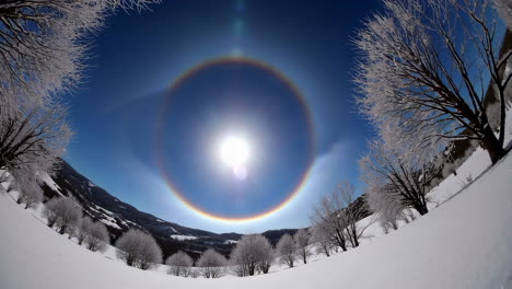 stunning sun halo over a snow-covered winter landscape