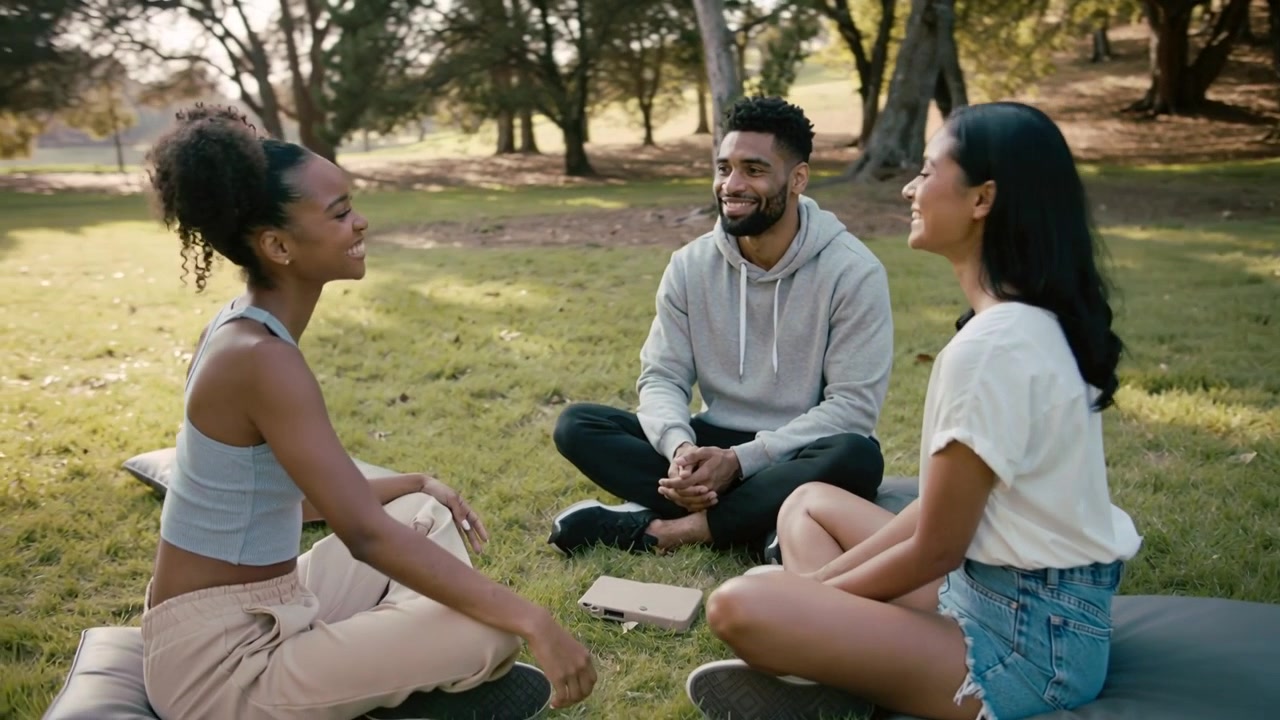 Greeting initiating three friends talking, gesturing and smiling on cushions in park, with notebook