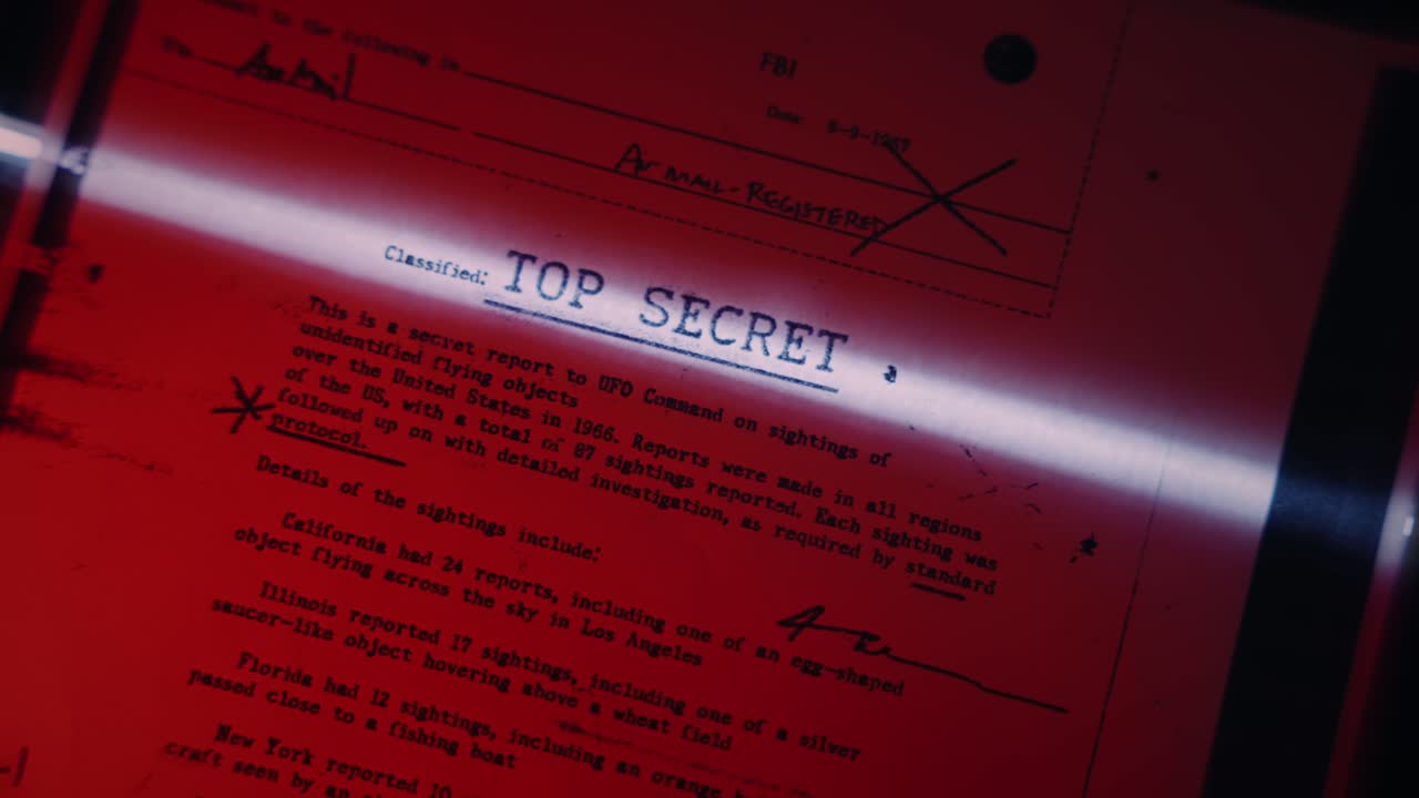 Top secret classified file or report of government agency is passed by scanner or being copied in machine with scan line in dark red room. Conspiracy or fraud. Exposing secrets and shady evidence data