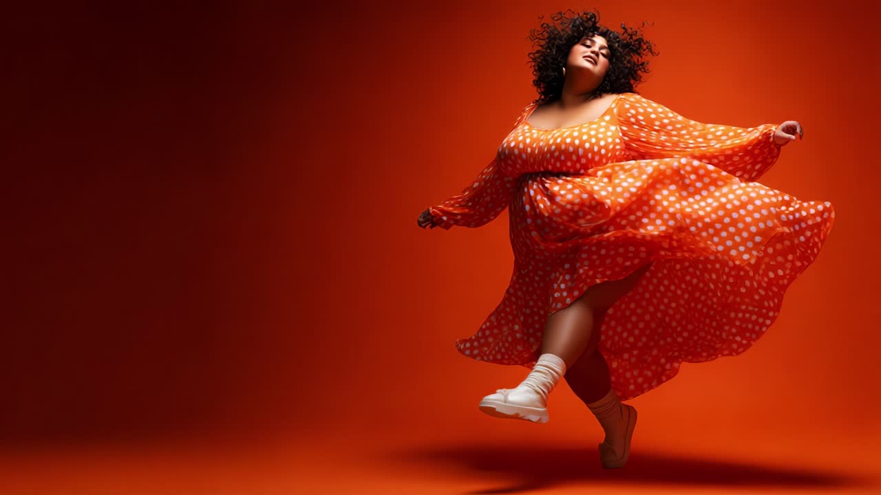 A radiant dancer twirls gracefully in a vibrant polka-dotted orange dress, showcasing her joyful spirit and confidence against a bold orange backdrop, embodying freedom and self-expression