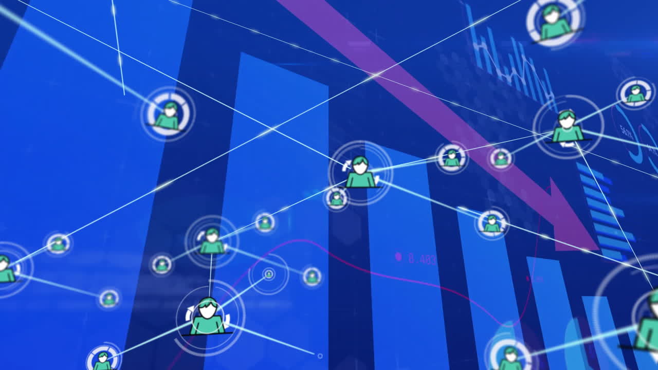 Animation of network of connections with icons over statistics with arrow