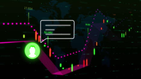 animación del cuadro de mensajes y el icono del perfil con gráficos y mapa sobre fondo negro