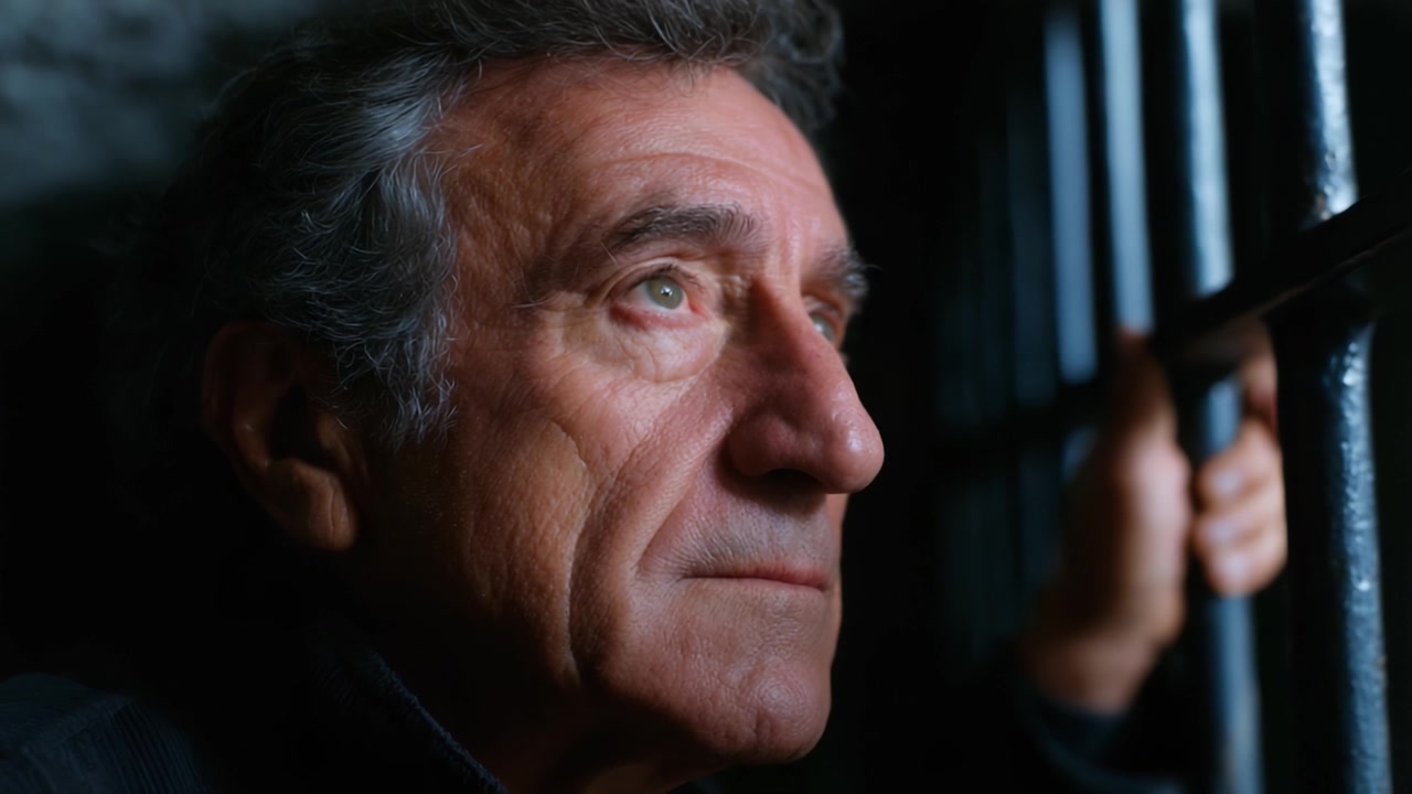 Una lotta pensierosa: un uomo meditabondo che contempla le sfide della vita dietro le sbarre – Riflessioni sulla libertà e la prigionia in una cella scarsamente illuminata.