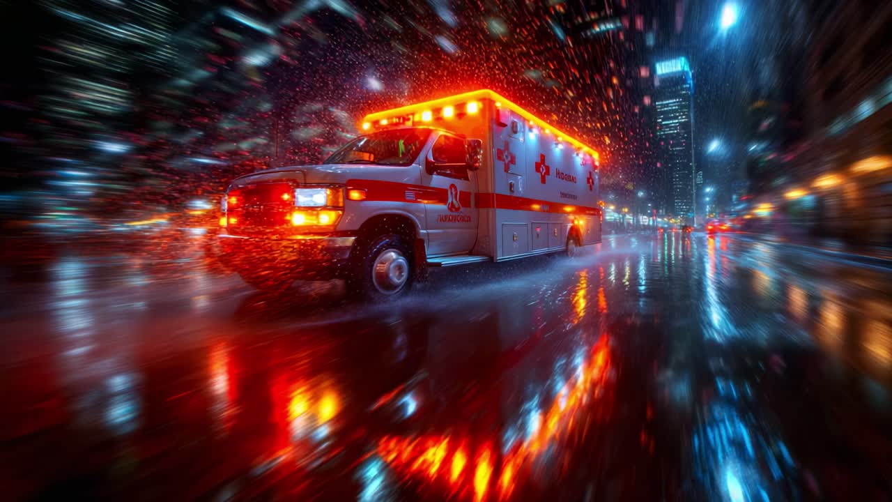Emergency Response Vehicle Racing Through Rain-soaked City Streets at Night, Highlighting Urgency Amidst Blurred Lights and Reflections in a Dynamic Urban Environment