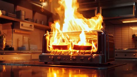 una tostadora en llamas en una cocina con un horno de tostadora en la estufa