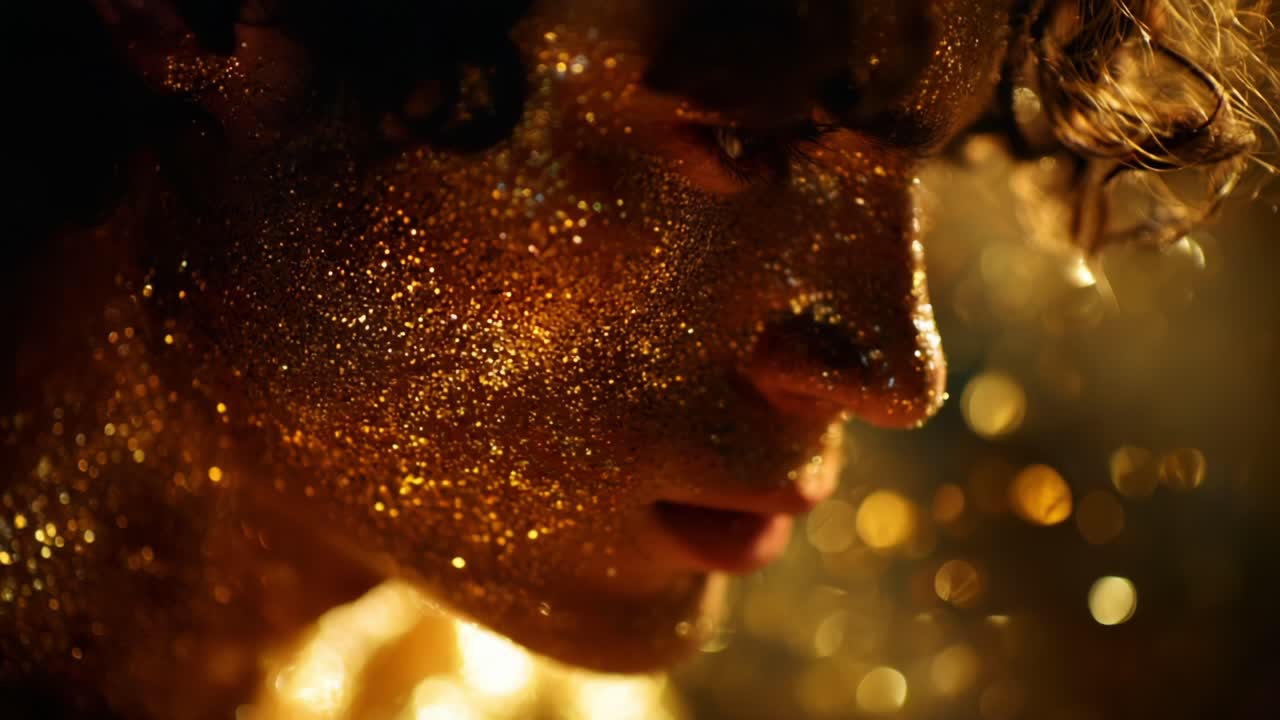 A mesmerizing close-up of a person adorned with shimmering golden glitter, capturing the intricate details of their face as they seem lost in thought, surrounded by a warm, luminous backdrop that enhances their beauty