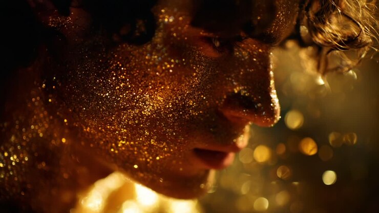 Un ipnotico primo piano di una persona adornata con scintillanti glitter dorati, che cattura i dettagli intricati del suo viso mentre sembra persa nei suoi pensieri, circondata da uno sfondo caldo e luminoso che ne esalta la bellezza