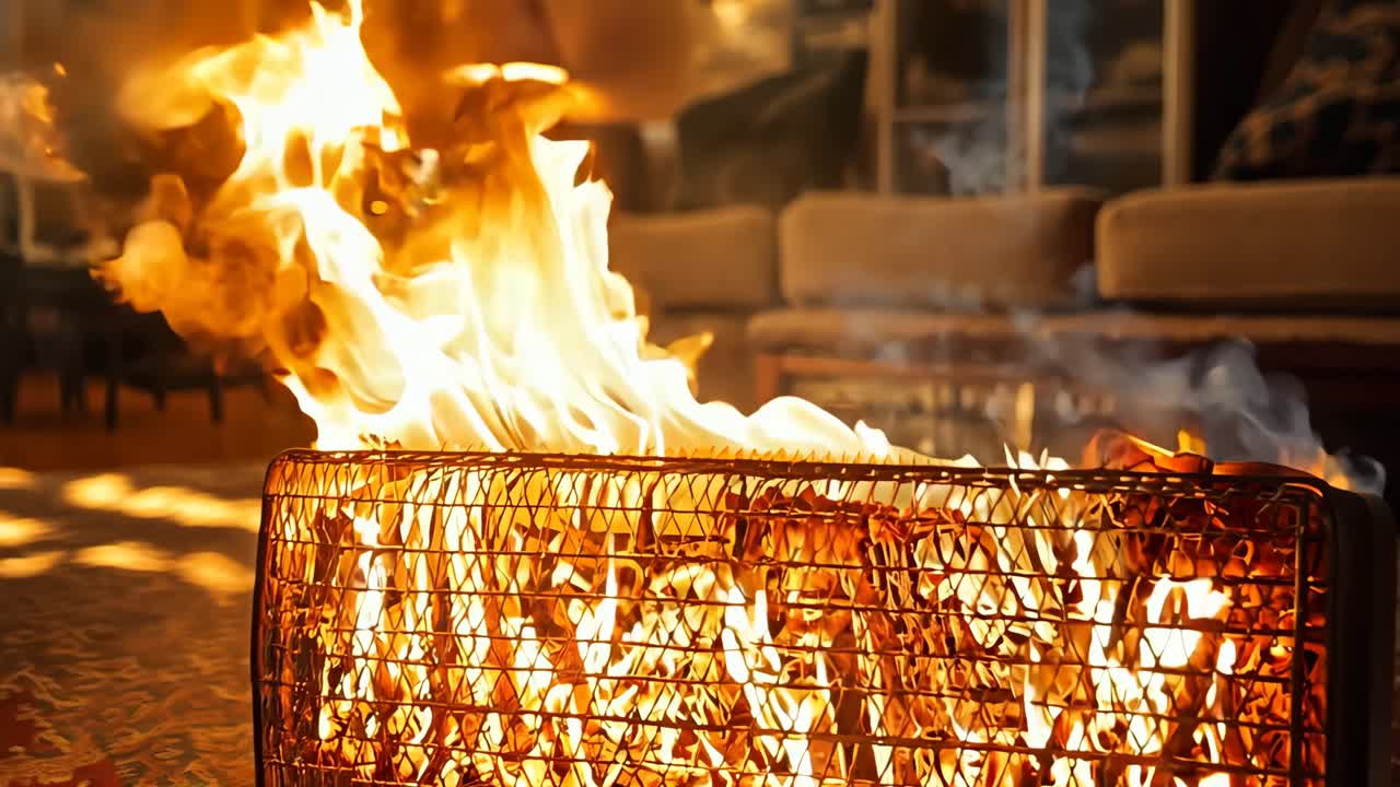 거실 에 있는 벽난로 에 불 이 타고 있다