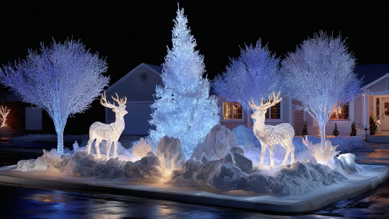Enchanting Winter Wonderland Scene Featuring Glowing Reindeer, Sparkling Snowy Landscape, and a Brightly Lit Christmas Tree at Night