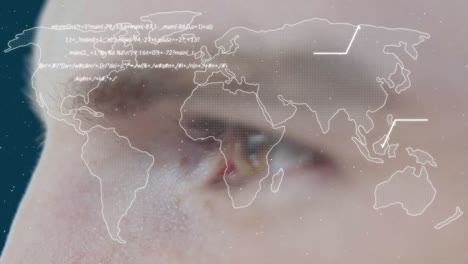 animación de un mapa del mundo con palabras que aparecen sobre los ojos del hombre caucásico