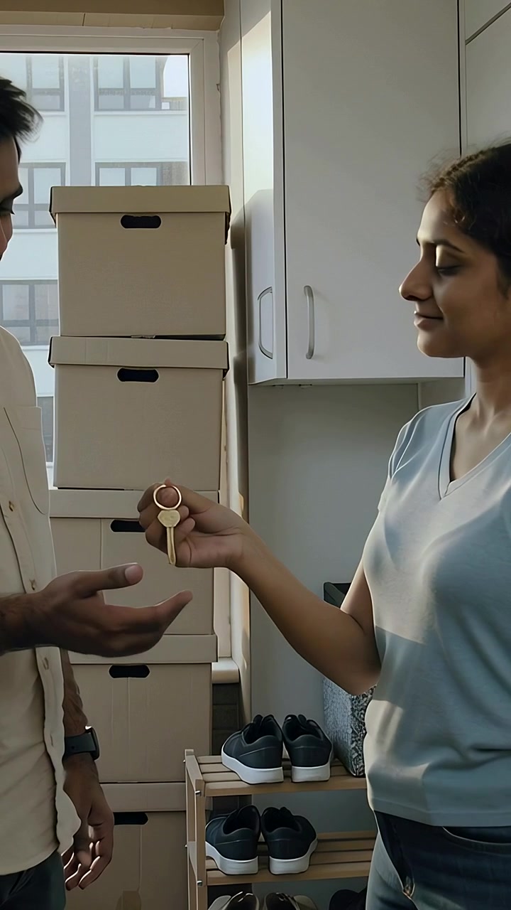 Vertical video: Extending woman handing keyring to man at apartment entryway, with moving boxes
