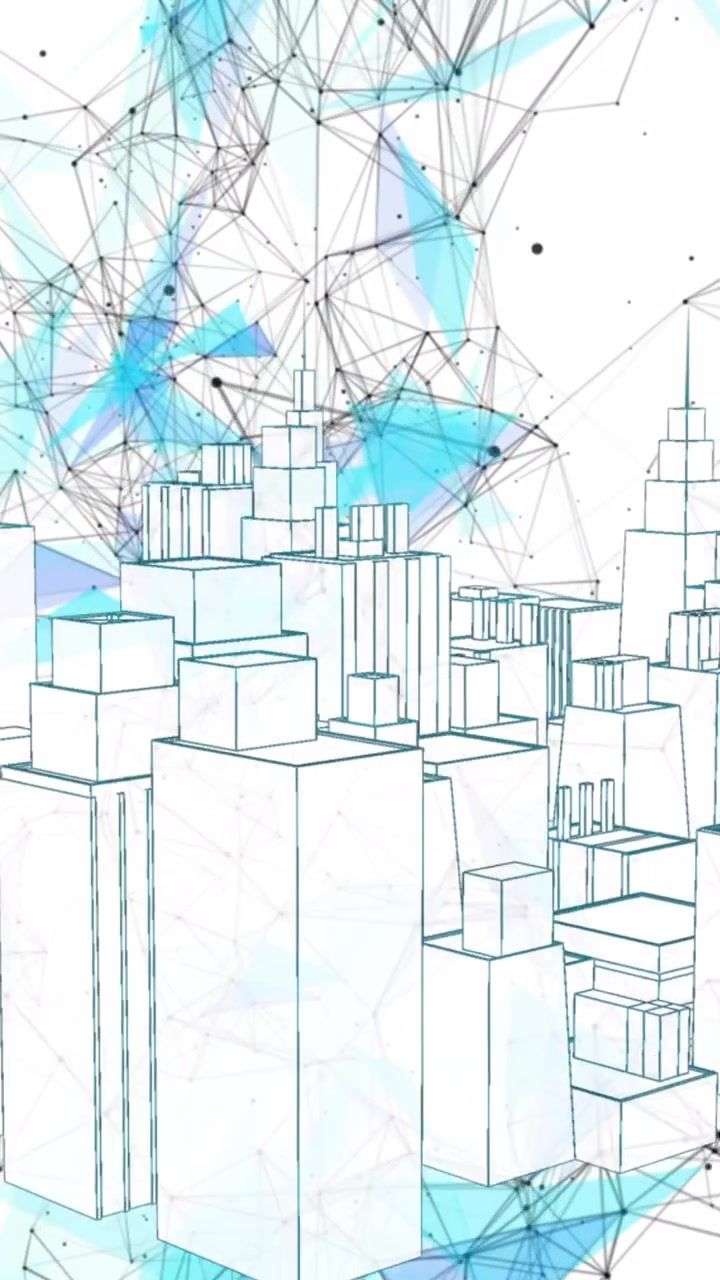 Animation of network of connections over spinning 3d city model against white background