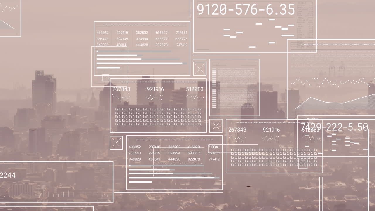 Animation of financial data processing over cityscape