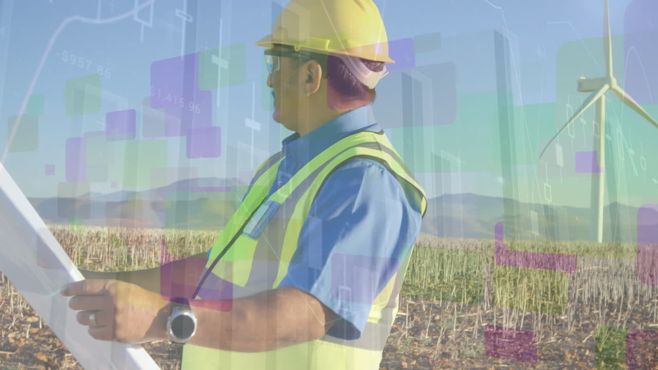 animación de gráficos sobre ingeniero biracial con proyecto y turbina eólica