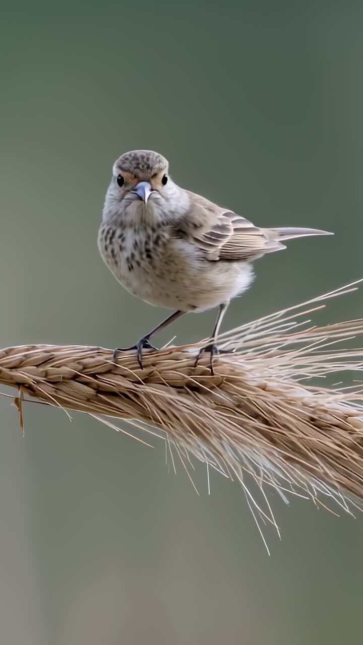 Vertical video: Perching bird noticing lens, turning and scanning, steadying on seed head in grass