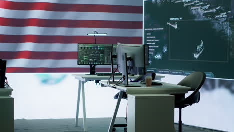 il centro di comando dell'esercito vuoto con grandi dati presenta la bandiera americana