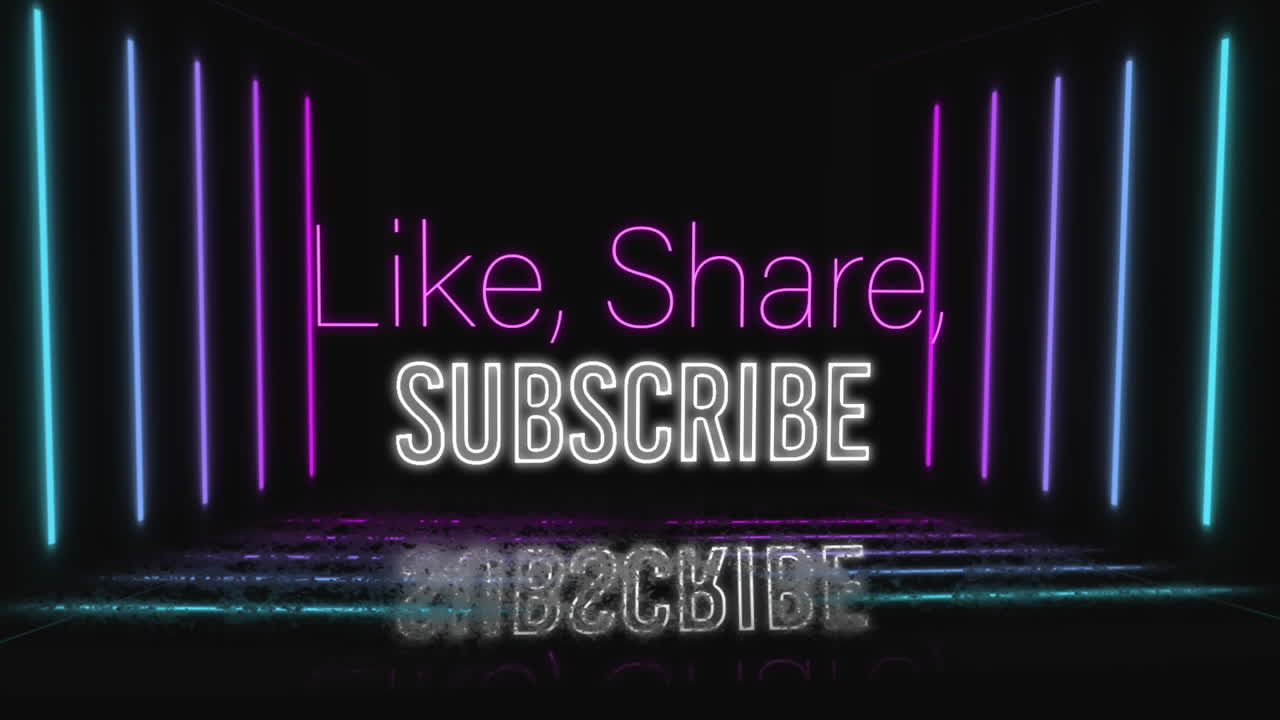 Animation of like, share, subscribe text in pink and white over pink, colourful neon lines on black