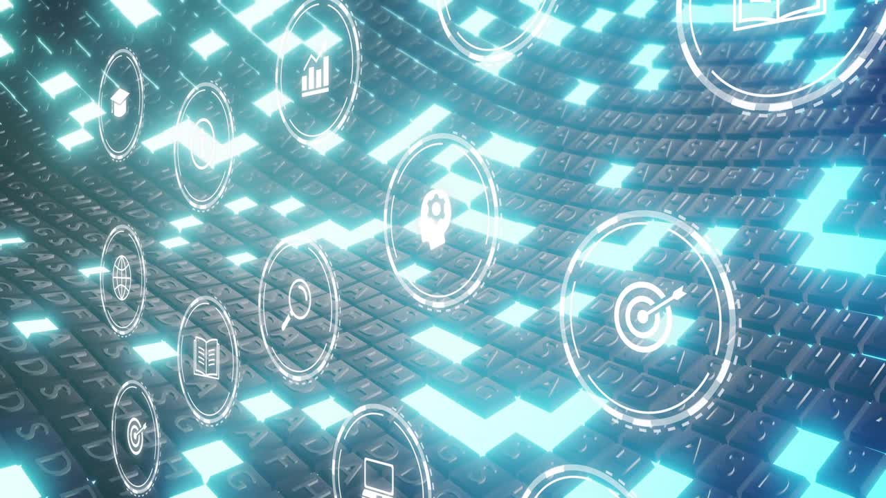 Green pulse starting icons materializing, organizing and sliding over grid for data visualization