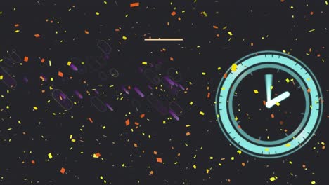 animation of happy new year text over confetti with clock and purple lines