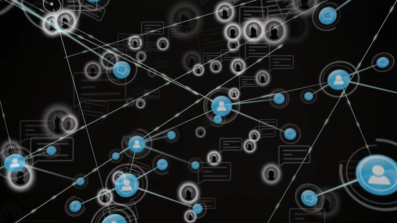 Central blue node appearing and pulsing, sending lines and small nodes, forming dense network map