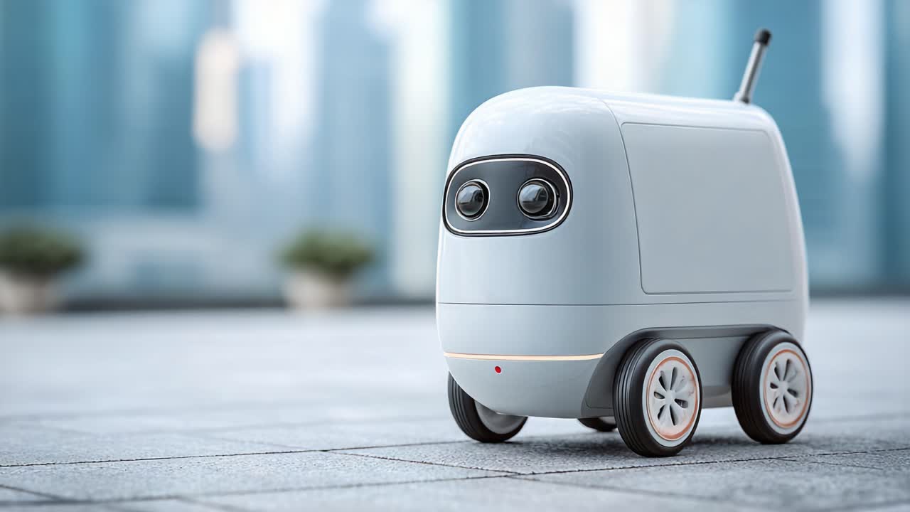 A sleek, futuristic delivery robot is showcased in two frames, illustrating its advanced design and mobility in an urban environment with modern architecture in the background