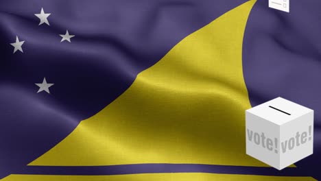 stimmzettel fliegen zur wahlkasse für tokelau - stimmzelle vor der flagge - wahl - abstimmung - flagge von tokelau - flagge der tokelau - hohe detail - nationale flagge tokelau wellenmuster - schleifbare elemente - stofftextur und endlose schleife