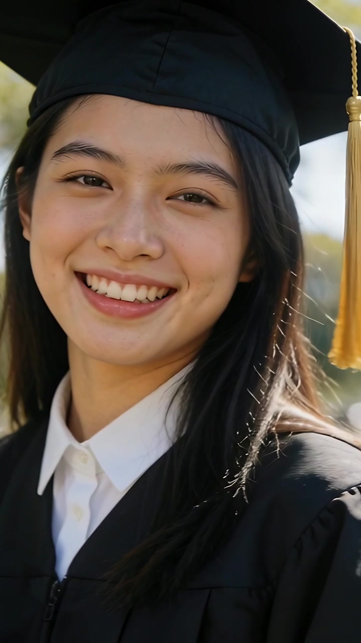Video verticale: Laureato sorridente che reagisce a un clic, posando nel campus con tocco e toga e diploma.