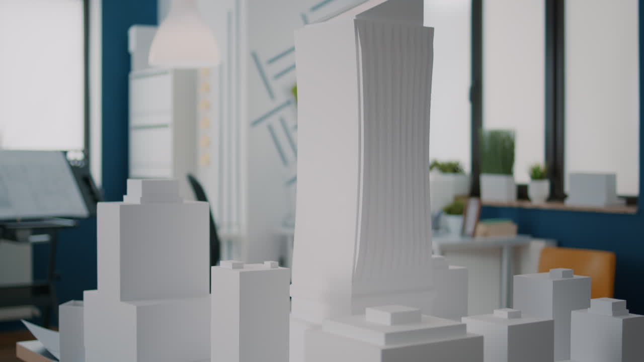 Architectural model of a skyscraper and city
